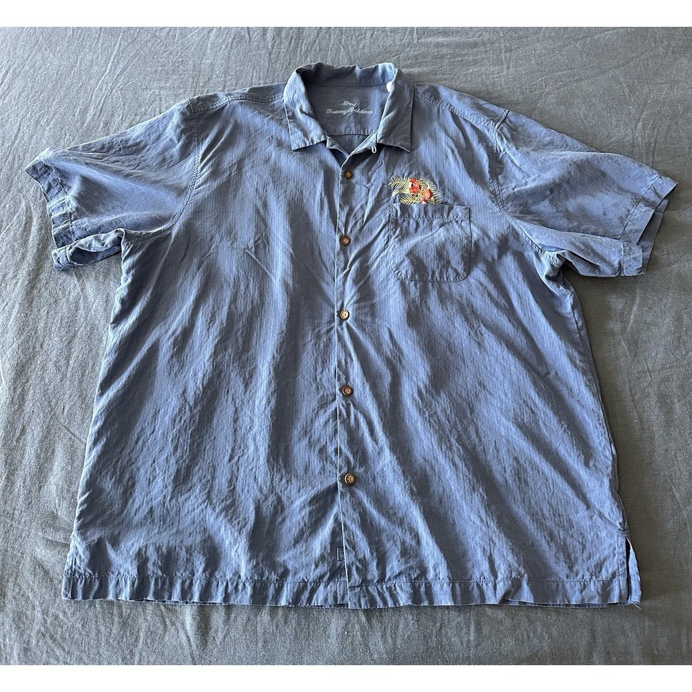 Tommy Bahama Shirt Mens XXL Button Up Oh Tan and Palm Tiki Girls Silk Blue - Picture 3 of 16